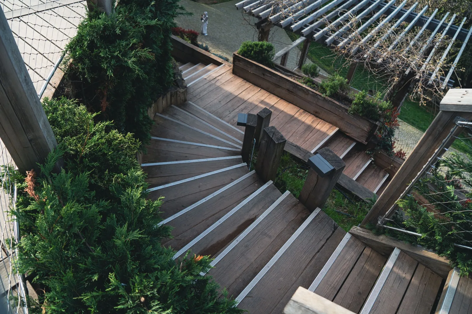 Deck steps and stairs ideas with wide box steps and a dark metal railing