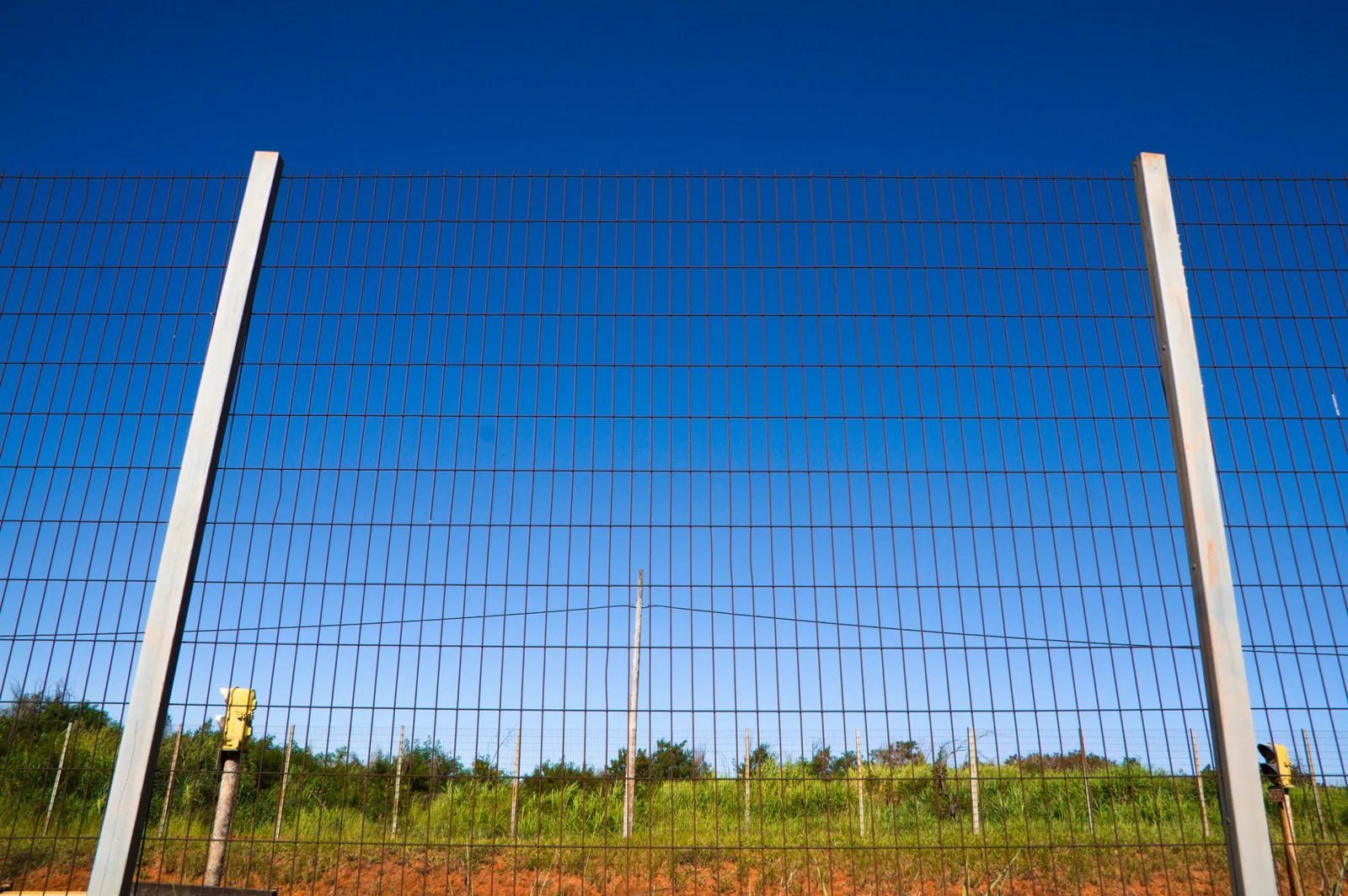Evenly spaced fence posts set in concrete for a privacy fence