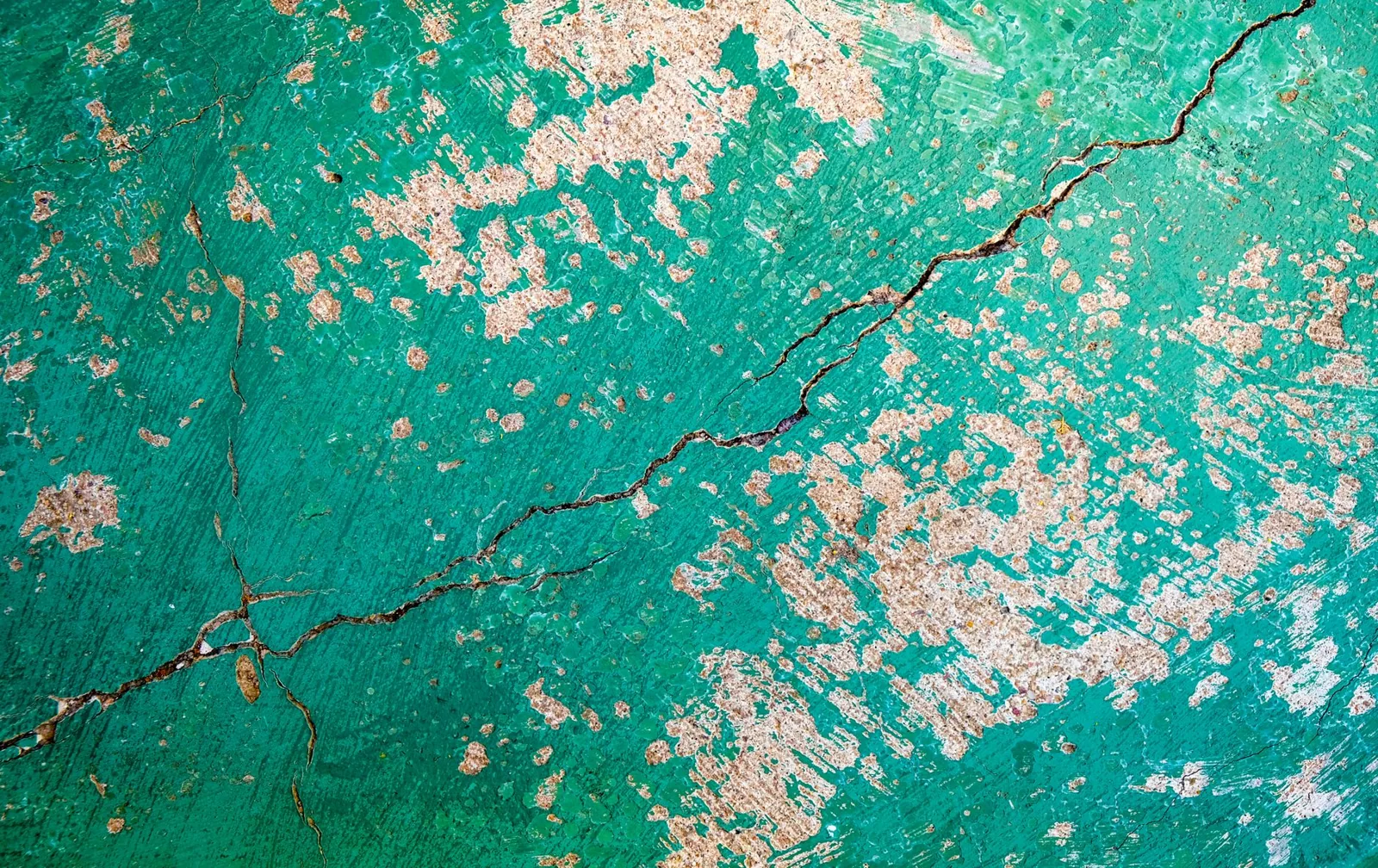 A repaired concrete driveway crack filled with gray patching compound